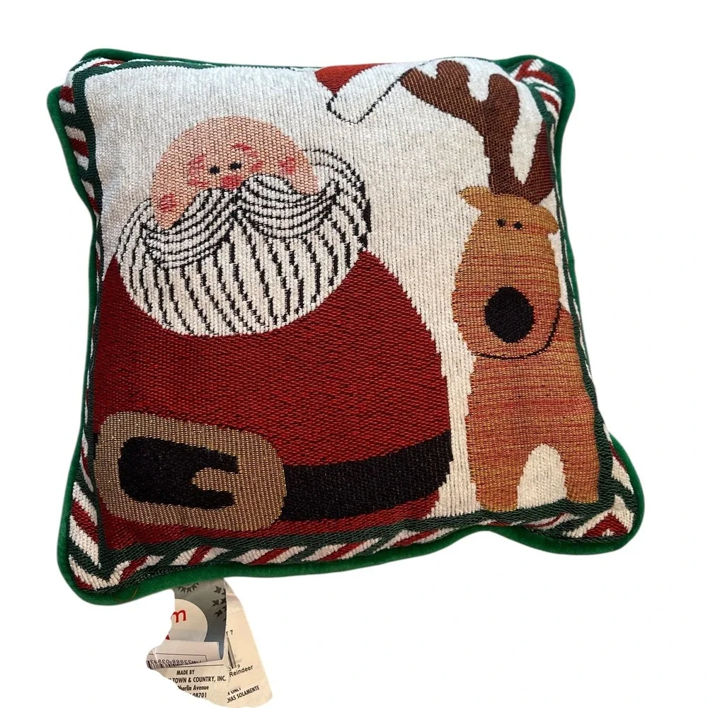 New Vintage Needlepoint Throw Pillow Christmas Holiday Santa Reindeer 12x12